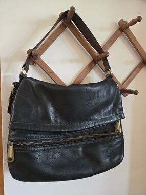Black Fossil Leather Shoulder Bag with Brass Hardware